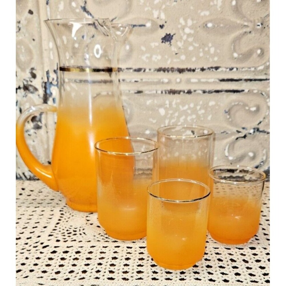Set of Blendo MCM Orange Satin Fade Pitcher & Juice Glasses w/ Gold Trim (read)